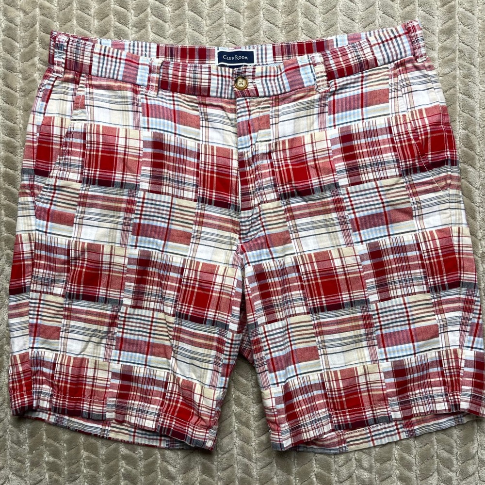Club Room Mens Patchwork Plaid Shorts Red White Blue Cotton Size 36 23161-33433